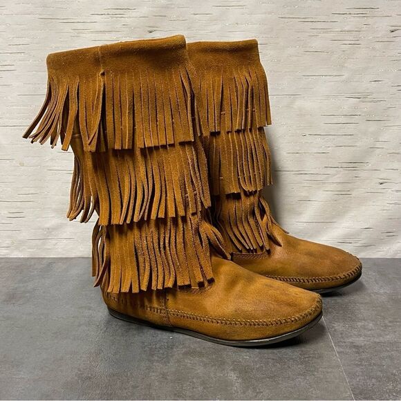 Minnetonka Women’s 3-Layer Fringe Brown Suede Leather Boots Size 8 - Picture 1 of 16